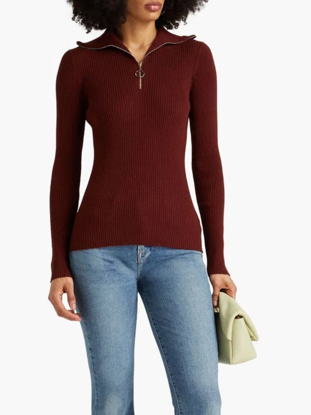 SANDRO Brown Acrylic Wool Blend Ribbed Knit 1/2 Zip Slim Fit Sweater, Size 1/S